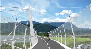 Die neue Brücke für Fußgänger und Fahrradfahrer wird die Ortschaften Steinmannwald und Leifers über die Brennerstaatsstraße verbinden (Rendering: Abteilung Tiefbau)