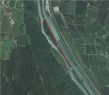 Der rot markierte Teil des Radweges in Bozen Süd muss am Montag, dem 30. Juli, wegen Schniittarbeiten an der Vegetation längs des Weges gesperrt werden. Foto: LPA/Amt für Wildbach- und Lawinenverbauung Süd