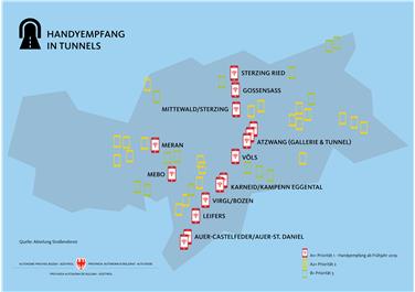 Besserer Mobilfunkempfang in den Tunnels: Übersichtskarte der anstehenden Arbeiten (Graphik: LPA/Tanja Mair)