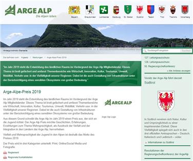 Die Arge-Alp-Homepage mit dem Hinweis auf den Arge-Alp-Preis 2019