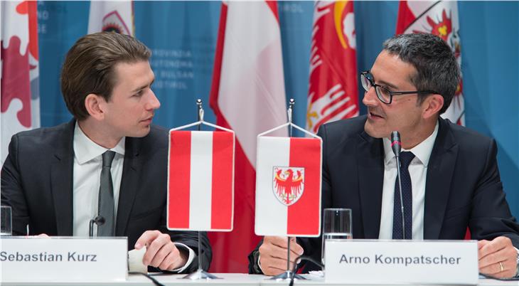 Arno Kompatscher und Sebastian Kurz bei einem früheren Treffen in Bozen (Foto LPA/Thomas Ohnewein)