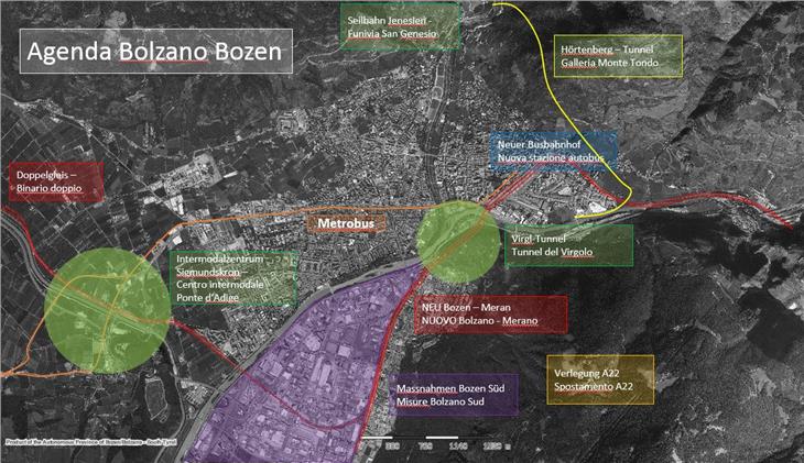 Die Agenda Bozen umfasst neben der Tram noch mehr als zehn weitere Maßnahmen, die Land und Gemeinde Bozen weiter umsetzen wollen. (Schaubild: LPA/Roman Clara)