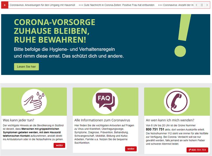 Der Bereich "Coronavirus" auf www.provinz.bz.it: Erste Anlaufstelle für zuverlässige, ständig aktualisierte Informationen.