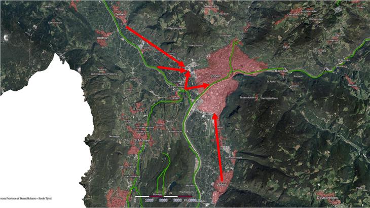 Zu analysierende Hauptrouten für Radpendler nach Bozen (Foto: STA)