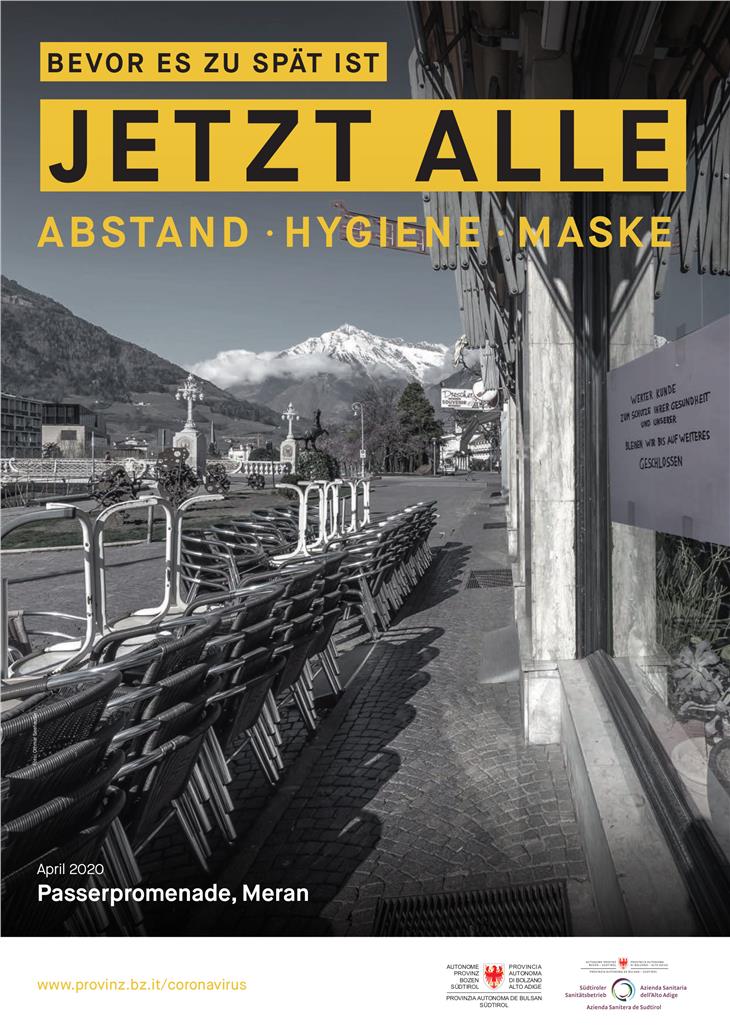 Menschenleere Passepromenade in Meran: Eines von mehreren Plakatmotiven der Bewusstseinskampagne.