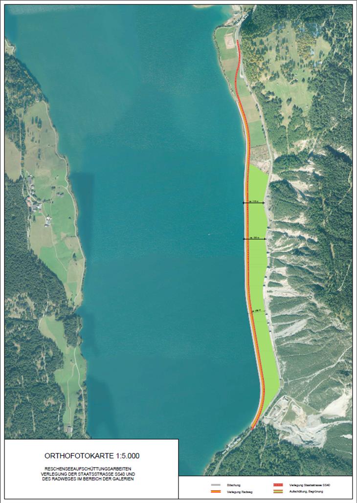 Geplante Straßenverlegung mit neuem Radweg in der Gemeinde Graun im Vinschgau (Orthofotokarte)