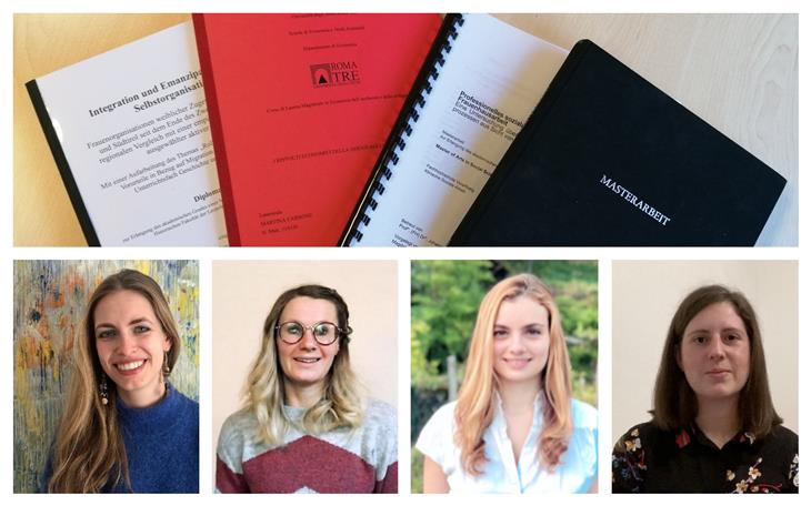 Vier junge Frauen wurden für ihre wissenschaftlichen Arbeiten ausgezeichnet (v.l.): Laura Volgger, Magdalena Platzer, Martina Carbone und Beatrix Bauer. (Foto: LPA/Frauenbüro)