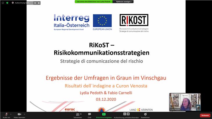 Mitarbeiter von Eurac Research - mit der Agentur für Bevölkerungsschutz federführend in diesem grenzüberschreitenden Projekt Risikokommunikationsstrategien RiKoST - haben die Umfrageergebnisse vorgestellt. (Foto: AfBS)