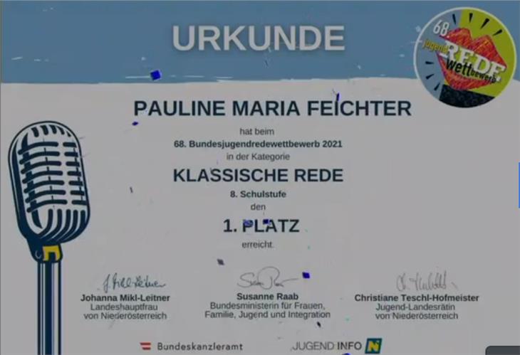 Die Siegerurkunde von Pauline Feichter