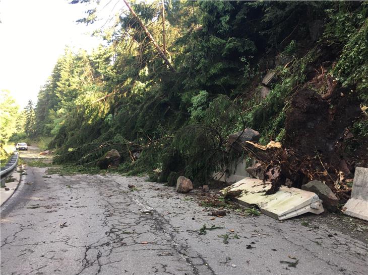 Abgebrochende Bäume und Steine haben die Straße von Waidbruck ins Grödner Tal unpassierbar gemacht. (Foto: LPA/Straßendienst des Landes)