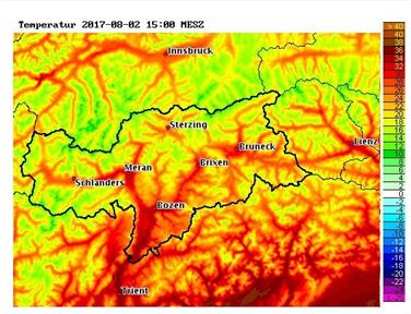 Heiß, heißer, am heißesten: die Temperaturen von heute (2. August) um 15.00 Uhr. Foto: LPA/Landeswetterdienst