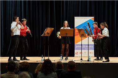 Bläserquintett Pentakis, Musikschulen Klausen/Seis, Bruneck, Brixen und Mittelschule O.v.Wolkenstein, Brixen. Foto: Tiroler Musikschulwerk und Charlie D. Picture Productions