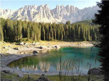 Der Karersee mit Rosengarten und Latemar im Hintergrund gilt als einer der schönsten Bergseen der Dolomiten (Foto: LPA/Angelika Schrott)