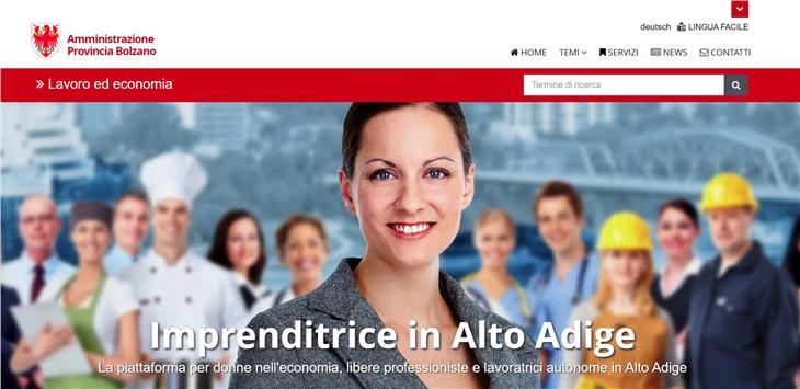 L'homepage del sito web "Imprenditrice in Alto Adige".