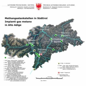 Cartina dei distributori di metano operanti (ed in costruzione) in Alto Adige.