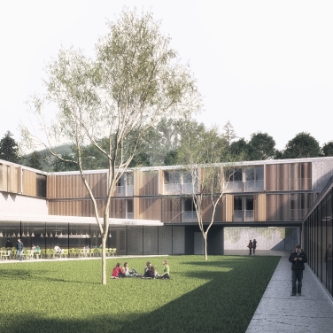 Corte del nuovo convitto studentesco a Malles. Il rendering del progetto dell'arch. Agostino Cangemi (Palermo) che ha ottenuto il 1° premio