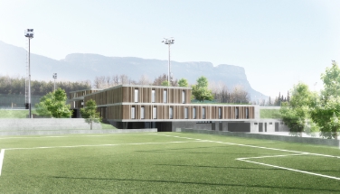 Il redering del futuro edificio di servizio per campo allenamento dellFC Südtirol nella zona sportiva "Rungg" a Maso Ronco /Appiano (Foto: Studio Arch. Simmerle)