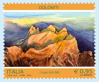 Il francobollo dedicato alle Dolomiti con l'immagine del gruppo delle Odle