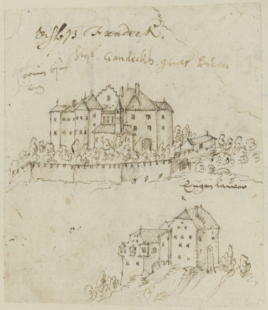 Castel Ganda con la cappella Maria della Neve, 1610 circa (Archivio provinciale di Bolzano, Codice Brandis)