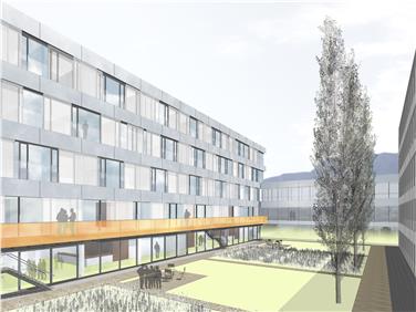 Il rendering della nuova clinica dell'Ospedale di Bolzano vista dall'esterno