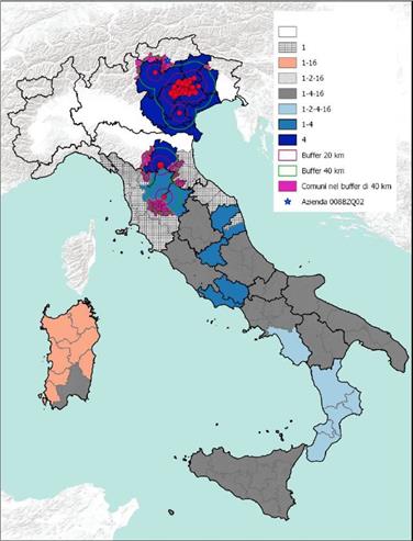 La mappa della diffusione della malattia della lingua blu sul territorio italiano